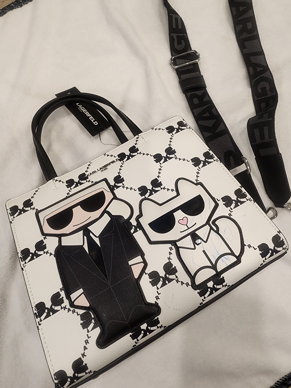 Karl Lagerfeld White Graphic Leather Tote Bag